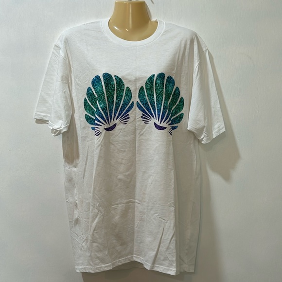 Ring SPun Tops - RING STUN TSHIRT MERMAID SEA SHELL BRA COSTUME WOMEN SIZE L WHITE SHORT SLEEVES